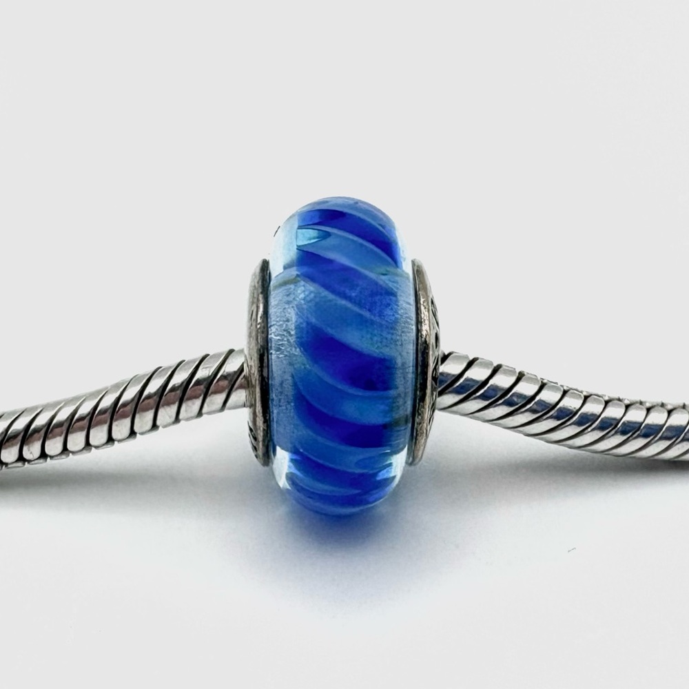 Pandora Retired Blue Striped Murano Glass & Sterling Silver Charm
